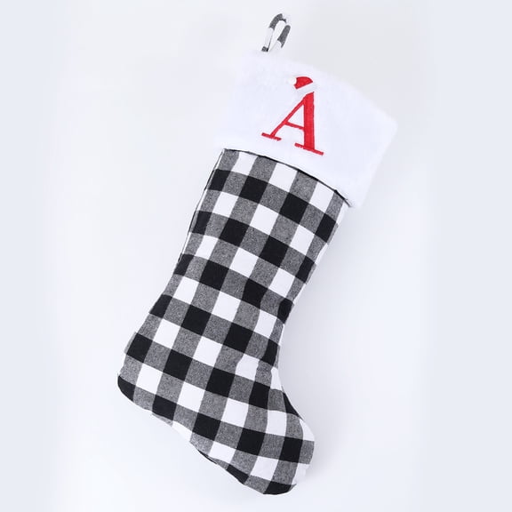 20" Personalized Christmas Stocking with Plush Cuff, Soft Velvet & Black White Buffalo Plaid, Embroidered Initial Monogram Letter Xmas Stocking for Family Fireplace Decor