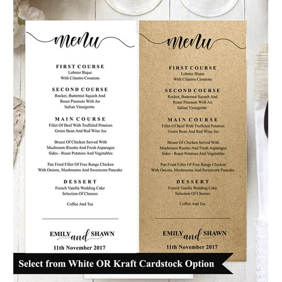 20 Personalized Wedding Menu Cards (9x4 Inches) High Quality Custom Rustic Dinner Menu Prints - Kraft