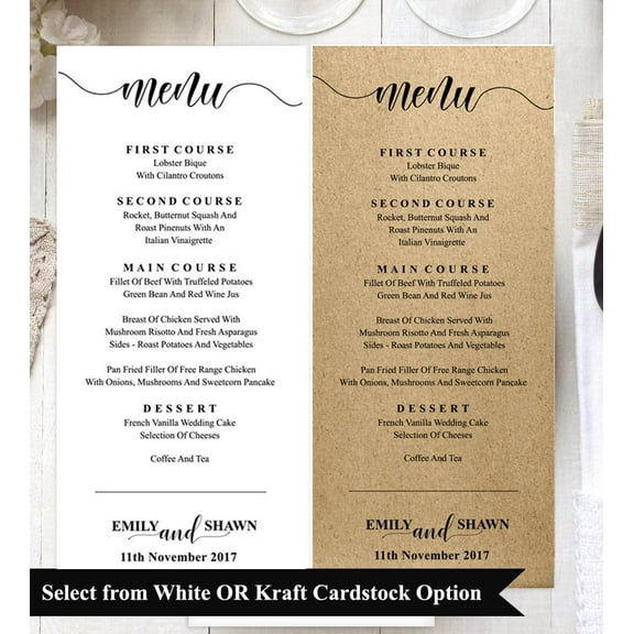 20 Personalized Wedding Menu Cards (9x4 Inches) High Quality Custom Rustic Dinner Menu Prints - Kraft