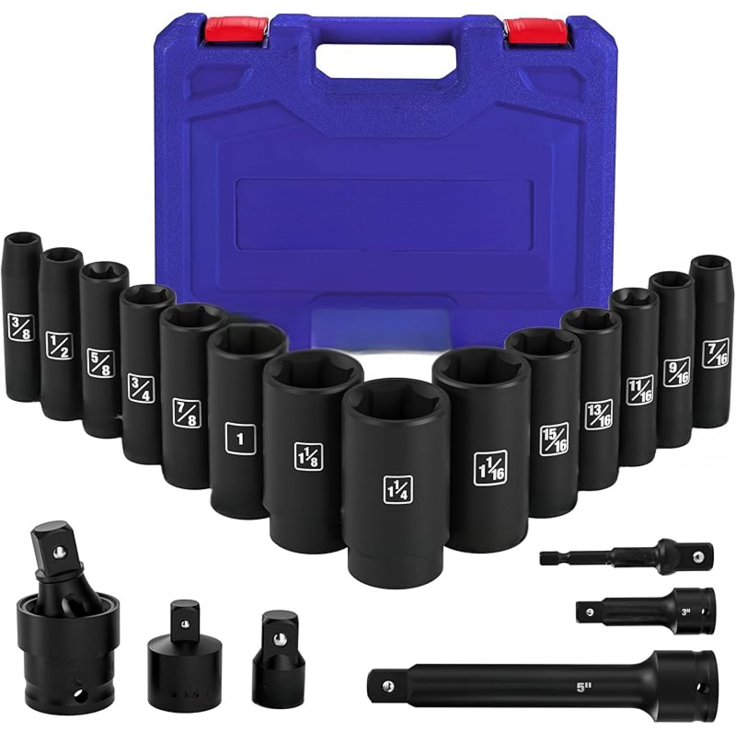 20-Piece 1/2＂ Drive Deep Impact Socket Set, 6-Point, Cr-V Steel, 10-27mm, Universal Joint, Adapter and Extension Bar, Metric