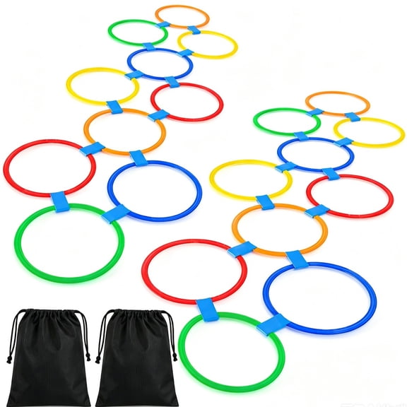 20-Piece 11-Inch Hopscotch Rings for Kids, Agility Rings with Connectors, Obstacle Course & Active Play Set with 2 Storage Bags