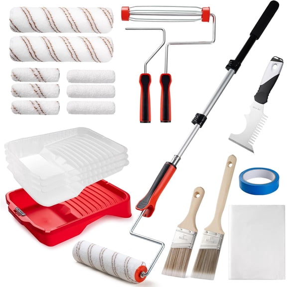 20-Piece 9" Paint Roller Kit with 3-Ft Extension Pole, Tray, Liners, Frames, Covers, Brushes, Tape & Drop Cloth, Interior Wall and Ceiling Painting Set