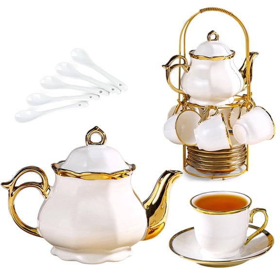 20 Piece Afternoon Tea Ceramic Tea Set with Teapot, Teacup, Tea Tray, Teaspoon and Metal Stand, Portable Storage, Home Gift for Guests, White Golden