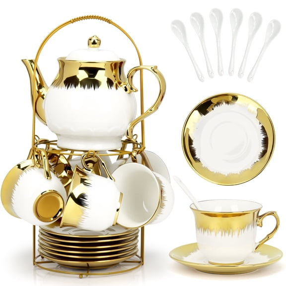 20-Piece Afternoon Tea Ceramic Teaware Set - Includes Teapot, Teacups, Tea Tray, Teaspoons, and Metal Stand. Portable Storage,for Home Use or as a Gift for Guests