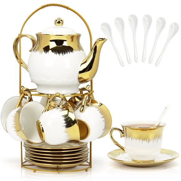 20-Piece Afternoon Tea Ceramic Teaware Set - Includes Teapot, Teacups, Tea Tray, Teaspoons, and Metal Stand. Portable Storage,for Home Use or as a Gift for Guests