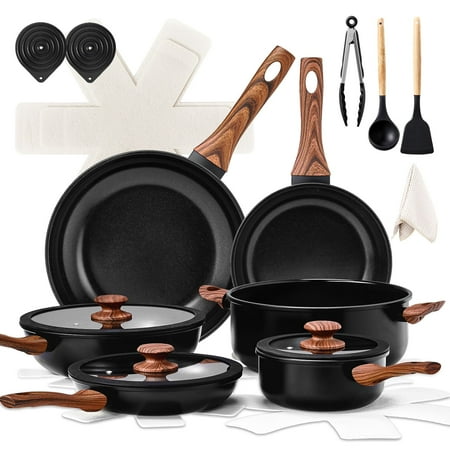 20-Piece Aluminum Cookware Set, Black Non-Stick Pots and Pans Set with Assembled Handles - 6 Pots (Including 28cm Stock Pot) & 3 Lids, Compatible with Induction, Gas, Electric Stoves for Kitchen