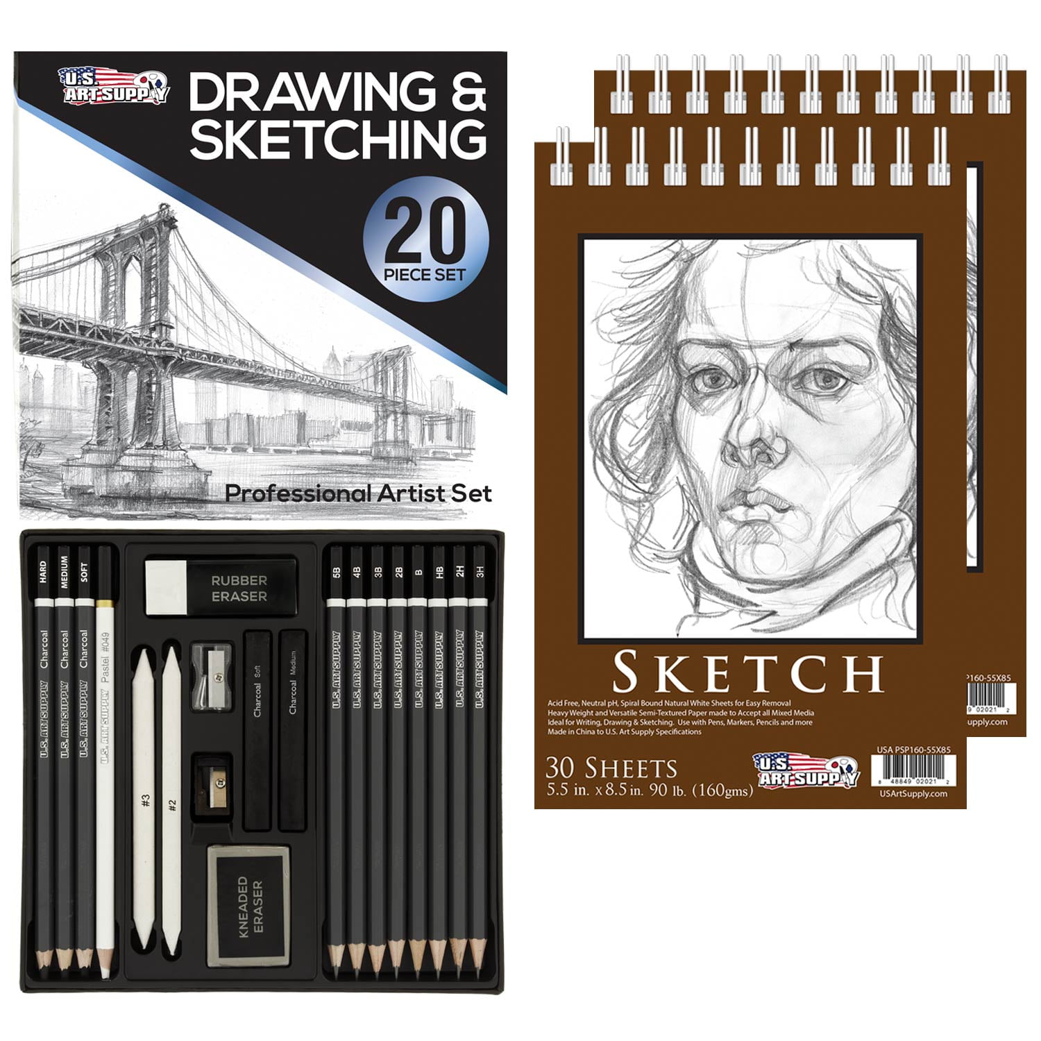 US Art Supply 44-Piece Drawing & Sketching Art Set with 4 Sketch Pads (242  Paper Sheets) - Professional Artist Kit, Graphite, Charcoal, Pastel Pencils