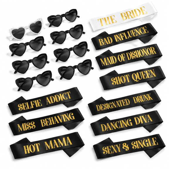 20-Piece Bachelorette Party Kit with Bride Sash, Bridesmaid Sashes and Heart Sunglasses