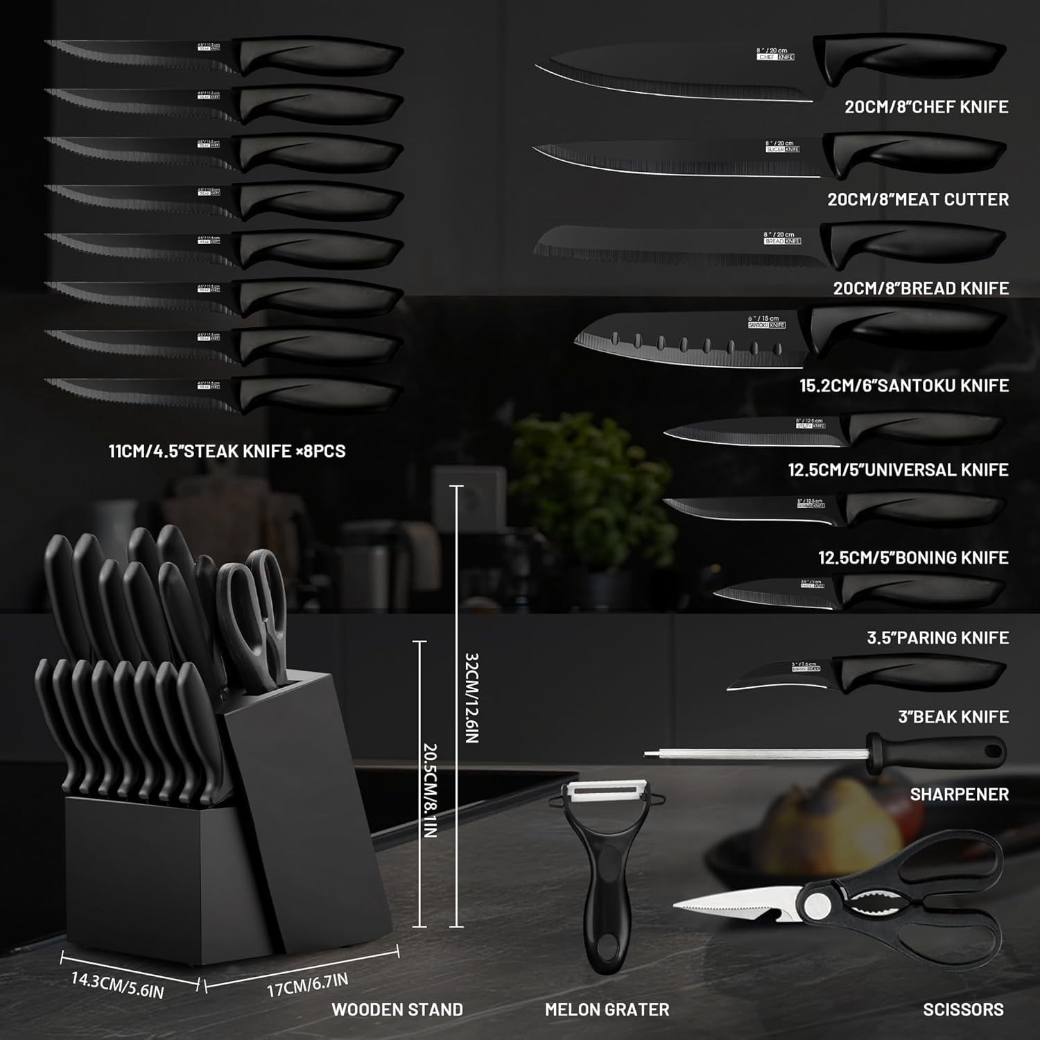 20-Piece Black Kitchen Knife Set with Block, Japanese Stainless Steel ...