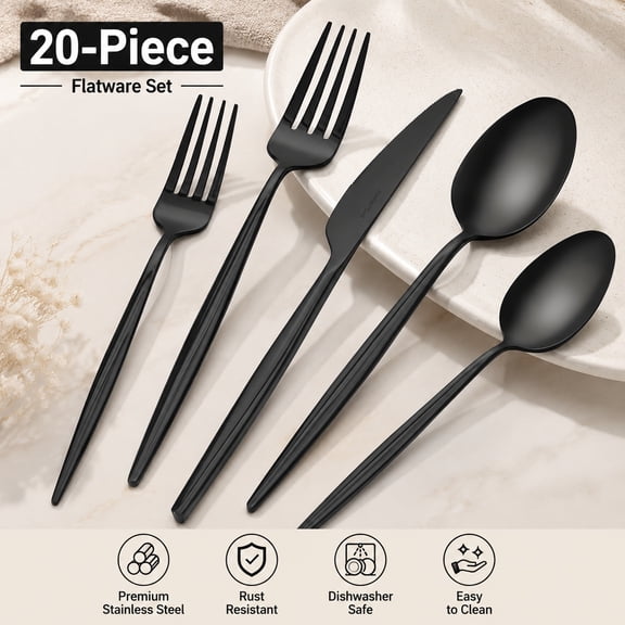 20-Piece Black Stainless Steel Flatware Set, Premium 18/10 Silverware Cutlery with Forks, Knives, Spoons, Dishwasher Safe Tableware for Home, Kitchen, Wedding, Restaurant