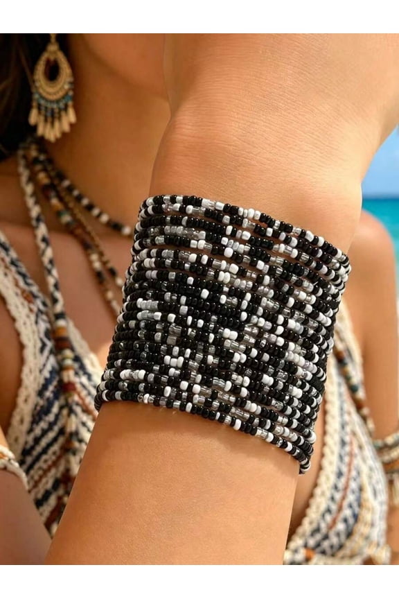 20-Piece Bohemian Black And White Beaded Wrap Bracelet Set For Women