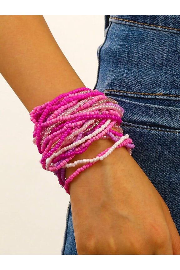 20-Piece Bohemian Pink Beaded Wrap Bracelet Set For Women
