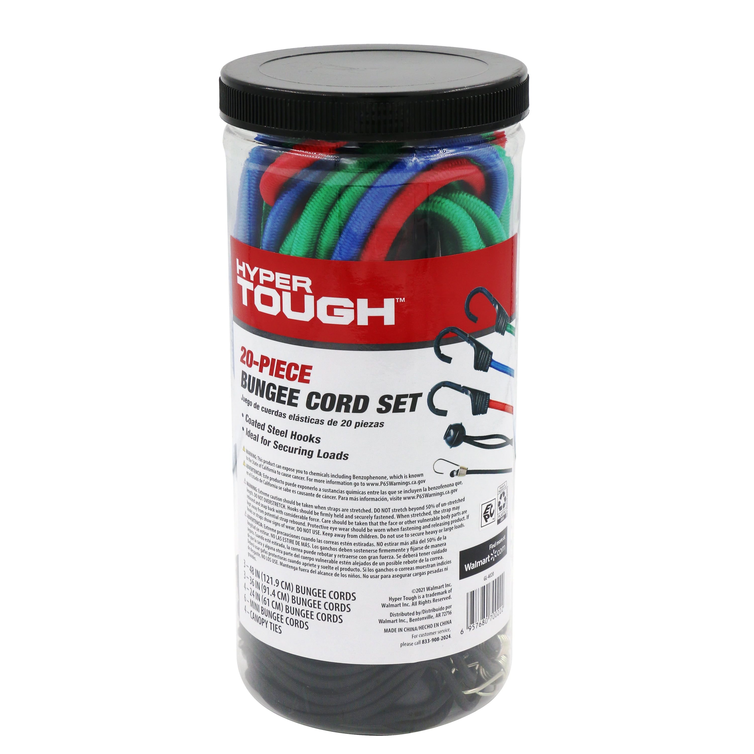Hyper Tough 20 Pieces Bungee Cord Set Plastic Jar Multi Color 2.31 oz
