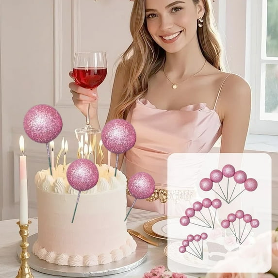 20-Piece Cake Decorations Glitter Foam Balls Set - Colorful Sparkle Balls for Birthday Cakes, Cupcakes/Dessert Decor, Mini Craft Balls for Party Decorations, DIY Baking Decoration Supplies, Hot Pink