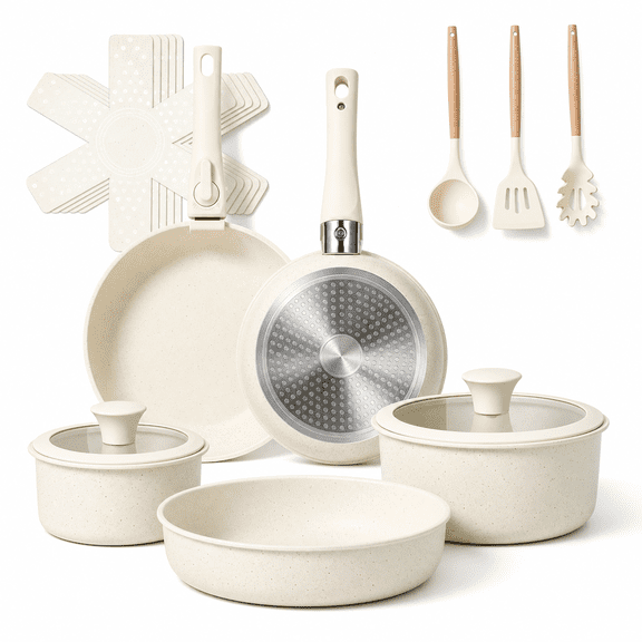 20 Piece Ceramic Nonstick Cookware Set Stackable Space Saving For Small Kitchens
