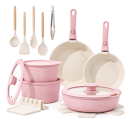 20 Piece Ceramic Pots and Pans Set, Nonstick Cookware Set with Detachable Handles, Oven Safe to 500°F, Induction Compatible, Stackable RV Kitchen Cooking Set, Pink