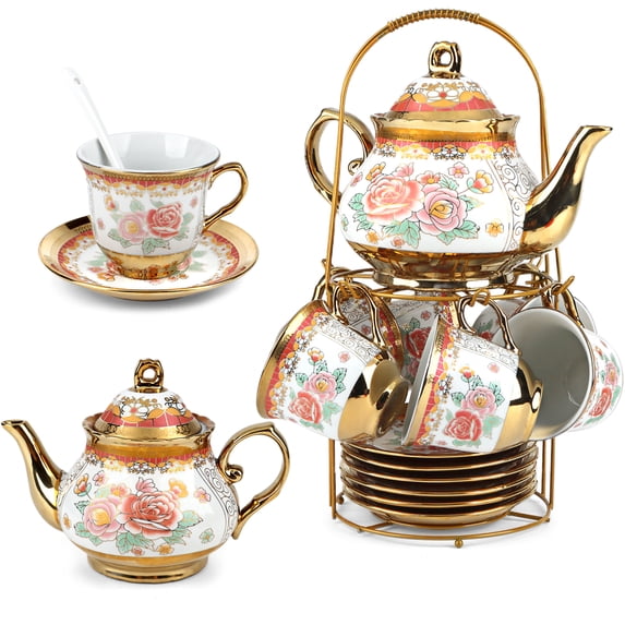 20-Piece Ceramic Tea Set & Coffee Set with Metal Stand ,Vintage Elegance Afternoon Tea Set Floral Pattern The Perfect Choice for Afternoon Tea Moments and Gifting Occasions