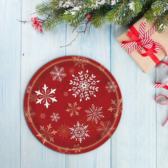 20-Piece Christmas Tableware Set, Disposable Snowflake Red Holiday Party Plates Cups Napkins Utensils, for Family Gathering Dinner Decor(A)