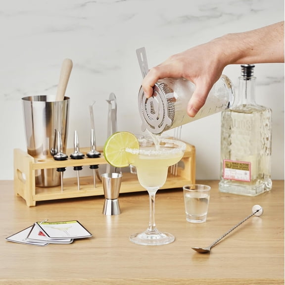 20-Piece Cocktail Shaker Bar Set with Wooden Stand Includes Shaker, Mixing Glass, Muddler, Jigger, Strainer, Bartender Kit for Mixed Drinks, Cold Brew Cocktails, Home Bar Tools