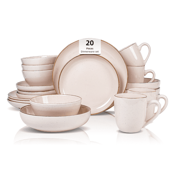 20-Piece Dinnerware Set - Serves 4, Bright Glaze Peach plates and bowls sets with Speckle Effect for Microwave & Dishwasher Safe