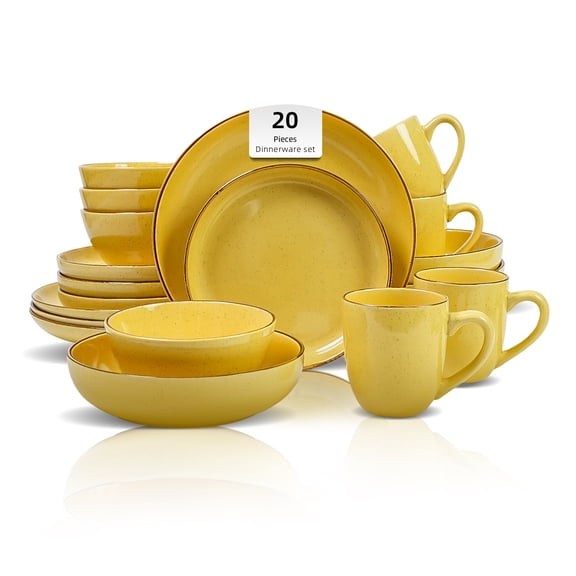 20-Piece Dinnerware Set - Serves 4, Bright Glaze Yellow plates and bowls sets with Speckle Effect for Microwave & Dishwasher Safe