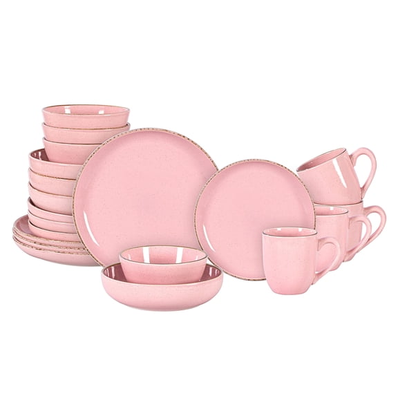 20-Piece Dinnerware Set - Serves 4, Shiny Glaze Pink with Speckle Effect Plates & Bowls Set | Microwave & Dishwasher Safe