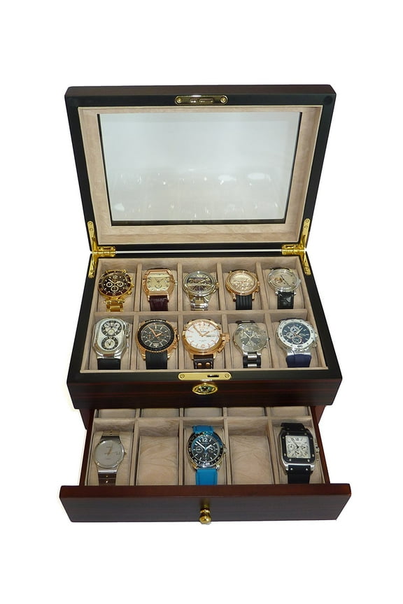 20 Piece Ebony Walnut Wood Men's Watch Box Display Case Jewelry Box Glass Top Organizer