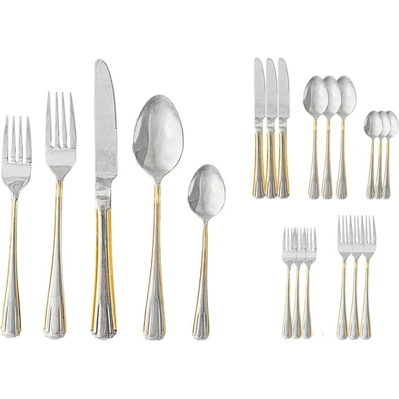 20 Piece Flatware Set - Gold Trim Handles - Stainless Steel 18/10 Silverware - Complete Cutlery Set for 4 - Home Essentials, Kitchen and Dining, Dishwasher Safe - For All Occasions (20 Piece, Verona)