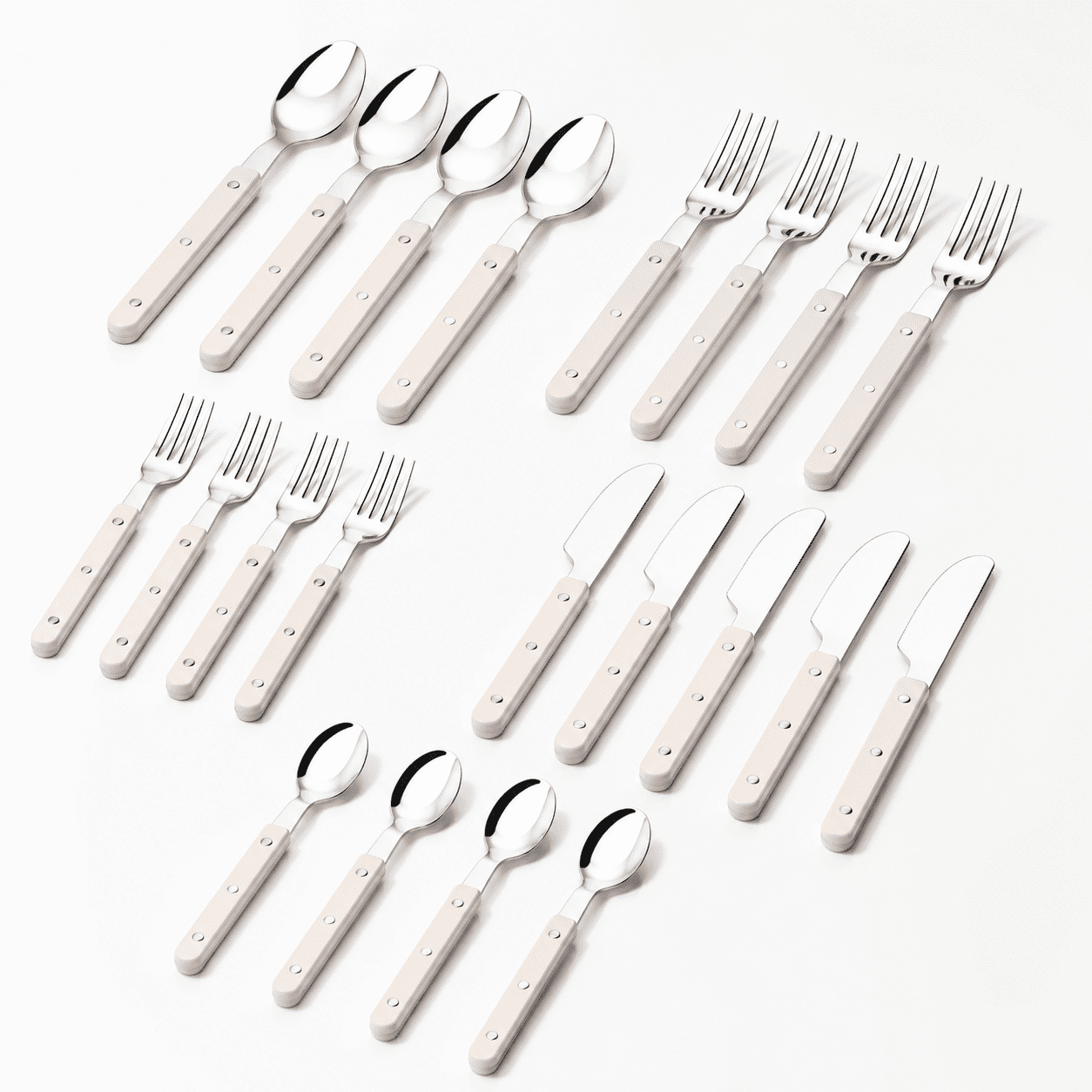 20-Piece Flatware Set for 4 with Beige Handles, Retro Rivet Design ...