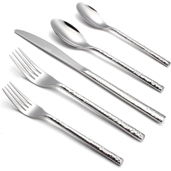 20-Piece Forged Hammered Stainless Steel Flatware Cutlery Set for 4, PETGLE Includes Dinner Knives,Dinner Forks, Tea Spoons, Dinner Spoons, Salad forks, Mirror Polished - Dishwasher Safe