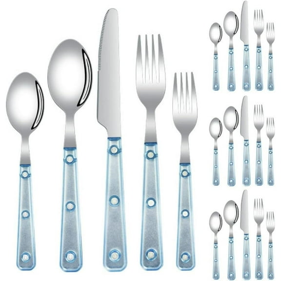 20 Piece Frosted Clear Handle Silverware Tableware Set for 4 People, 18/10 Stainless Steel Flatware Set, Steak Table Knife Fork Spoon Fruit Fork Tea Spoon Cutlery Sets (Blue)