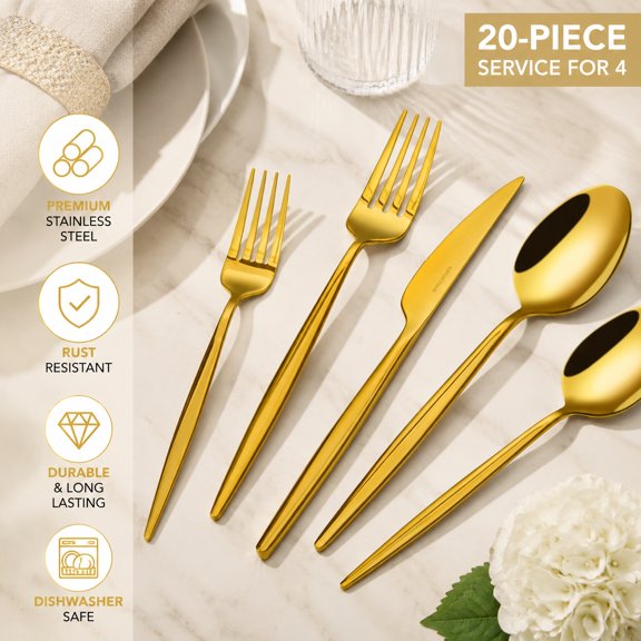 20-Piece Gold Flatware Set, Premium 18/10 Stainless Steel Cutlery, Includes Forks Knives Spoons, Dishwasher Safe, Elegant Tableware for Kitchen Dining Party