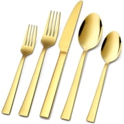20-Piece Gold Silverware Set, Vesteel Stainless Steel Flatware Set Service for 4, Cutlery Eating Utensil Set Includes Dinner Forks/Spoons/Knives, Square Edge & Mirror Polished, Dishwasher Safe