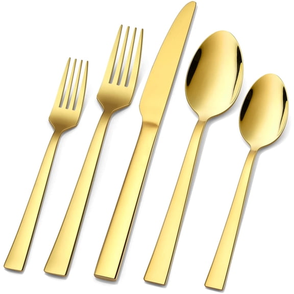 20-Piece Gold Silverware Set, Vesteel Stainless Steel Flatware Set Service for 4, Cutlery Eating Utensil Set Includes Dinner Forks/Spoons/Knives, Square Edge & Mirror Polished, Dishwasher Safe