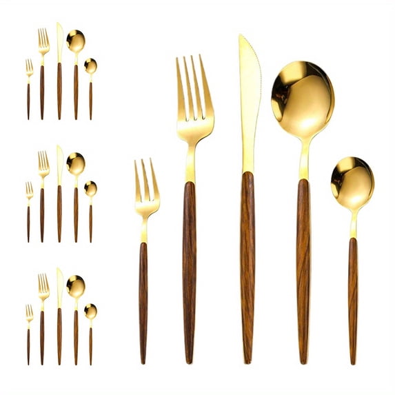 20-Piece Gold Stainless Steel Cutlery Set with Faux Wood Handles, Western Tableware Service for 4, Includes Knives, Forks Spoons, Ideal for Home Kitchen Restaurant Use