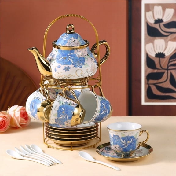 20 Piece Golden Trim Floral Porcelain Tea Set with 700ml Teapot and Metal Holder