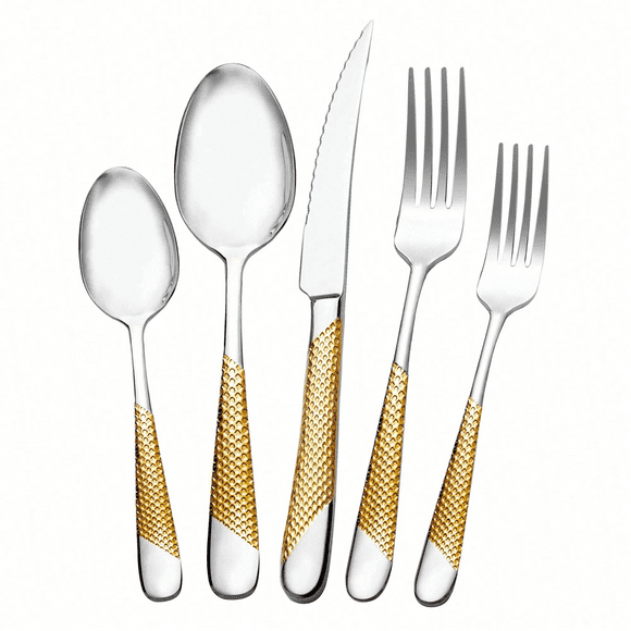20 Piece Hammered Modern Gold Silver Silverware Set, 18/10 Stainless Steel Flatware Set, Golden Kitchen Utensil Set Service For 4, Tableware Set, Cutlery Set Including Fork Spoon And Knife