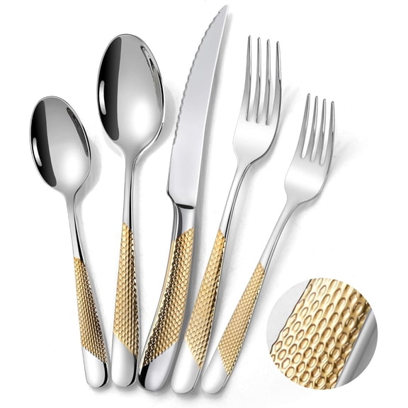 20-Piece Hammered Silverware Set for 4 with Serrated Forging Knives,18/10 Stainless Steel Modern Flatware Set,Unique Cutlery Set Spoons and Forks Set,Mirror Polished,Dishwasher Safe