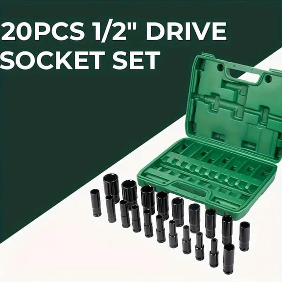 20-Piece Heavy-Duty 1/2" Drive Deep Impact Socket Set, Metric SAE, Chrome Plated, Non-Slip Grip, Impact-Resistant, Magnetic Quick-Change, Professional Mechanic Tool for Automotive & Mechanical Repair