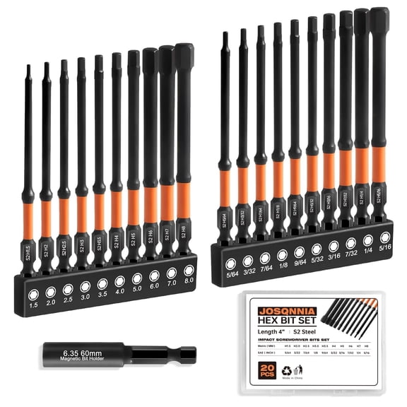 20-Piece Hex Bit Set SAE & Metric 4-Inch Shank Impact Driver Bits S2 Alloy Steel