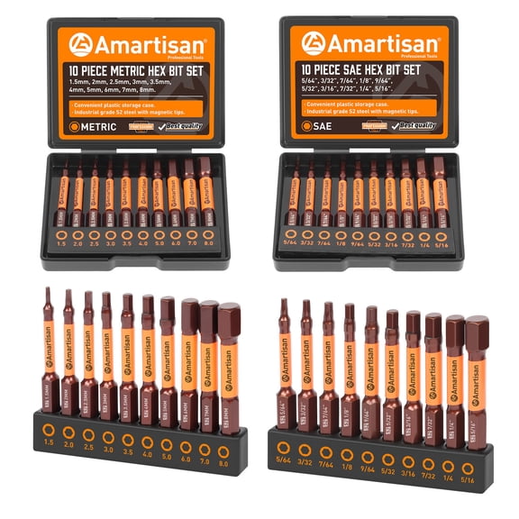20-Piece Hex Head Allen Wrench Drill Bit Set, Metric and SAE S2 Steel Hex Bits Set, Magnetic Tips, 2.3" Long With Storage box.