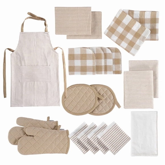 Casa Platino 20-Piece Absorbent Dishcloths and Heat-Resistant Oven Mitts Set - Beige