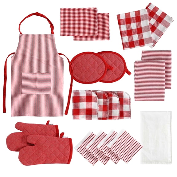 20 Piece Kitchen Linen Set - Cotton Dish Towels, Heat Resistant Kitchen Mittens and Pot Holder Set, Apron for Men/Women with Pocket, Absorbent Dish Towels for Kitchen Drying - Red