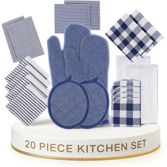 20-Piece Kitchen Linen Set Cotton Towels Terry Dish Cloths Scrubbers Flour Sack Tea Towels Pot Holders and Oven Mitts in Indigo