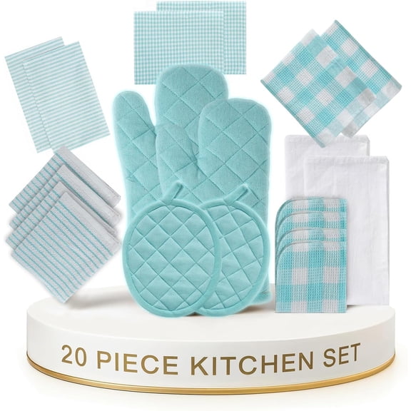 20-Piece Kitchen Linen Set with Oven Mitts Pot Holders and Dish Cloths Aqua