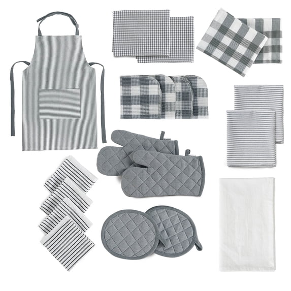 20 Piece Kitchen Linen and Towels Sets - Cotton Dish Towels, Heat Resistant Kitchen Mittens and Pot Holder Set, Apron with Pocket, Absorbent Dish Towels for Kitchen Drying - Gray