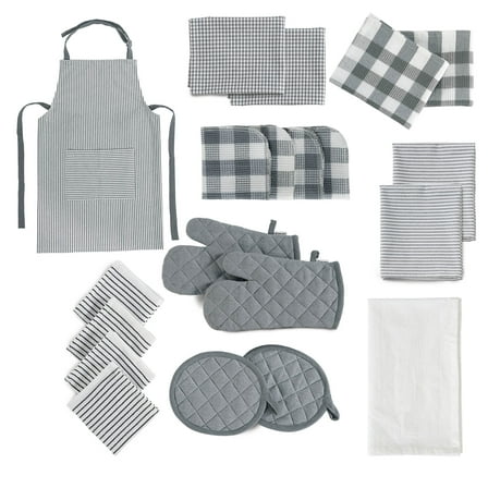 20 Piece Kitchen Linen and Towels Sets - Cotton Dish Towels, Heat Resistant Kitchen Mittens and Pot Holder Set, Apron with Pocket, Absorbent Dish Towels for Kitchen Drying - Gray