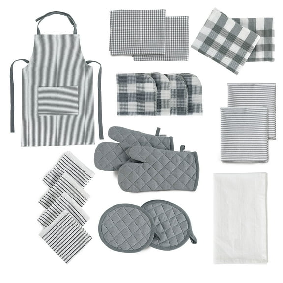 20 Piece Kitchen Linen and Towels Sets - Cotton Dish Towels, Heat Resistant Kitchen Mittens and Pot Holder Set, Apron with Pocket, Absorbent Dish Towels for Kitchen Drying - Gray