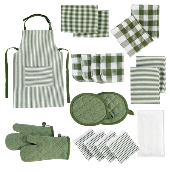 20 Piece Kitchen Towel Set - Cotton Dish Towels, Heat Resistant Kitchen Mittens and Pot Holder Set, Apron for Women with Pockets , Absorbent Dish Towels for Kitchen Drying - Olive