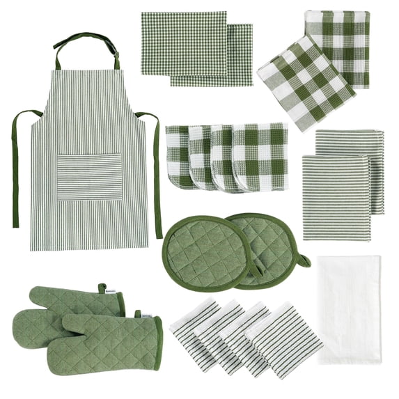 20 Piece Kitchen Towel Set - Cotton Dish Towels, Heat Resistant Kitchen Mittens and Pot Holder Set, Apron for Women with Pockets , Absorbent Dish Towels for Kitchen Drying - Olive